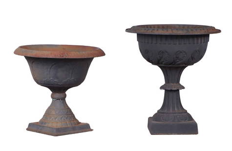 LATE VICTORIAN CAST IRON GARDEN URN ( RIGHT) ALONG WITH A LATER CAST IRON GARDEN URN,: Late Victorian cast iron garden urn ( right) along with a later cast iron garden urn, Ht: 16" Wd: 16" Dpth: 16" Ht: 18.5" Wd: 16.5" Dpth: 16.5"