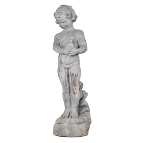 37" LEAD FOUNTAIN FIGURE OF A YOUNG GIRL HOLDING A FROG.