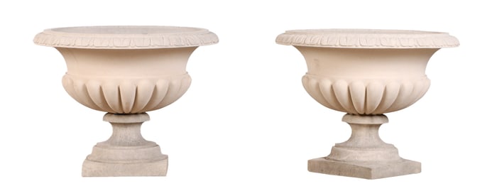 PAIR OF TWO PART CAST STONE GARDEN URNS BY HADDONSTONE.
