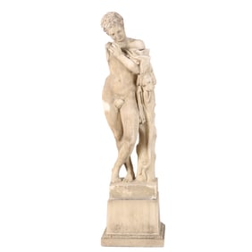 CAST STONE SCULPTURE OF A YOUNG HERCULES WITH LION HEAD CAPE PLAYING FLUTE. ARM AND FLUTE PRESENT