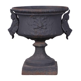 CAST IRON GARDEN URN WITH ATTACHED HANDLES.