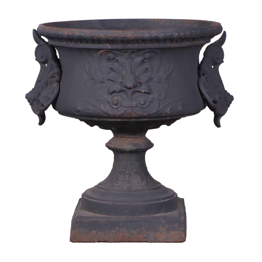 CAST IRON GARDEN URN WITH ATTACHED HANDLES.: Cast iron garden urn with attached handles. Ht: 18" Wd: 18" Dpth: 18"