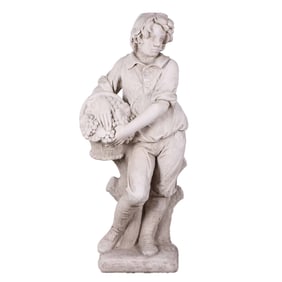 45" CAST STONE FIGURE OF A YOUNG MALE WITH A BASKET OF FRUIT