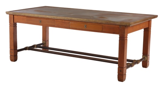FRENCH OAK LIBRARY TABLE FROM THE BANC DE FRANCE C 1920 HAVING TWO DRAWERS ON EITHER SIDE, AN INSET