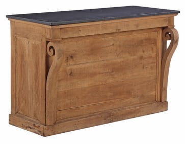 AN ANTIQUE FRENCH CARVED OAK BAR COUNTER IN THE FRENCH EMPIRE STYLE HAVING STONE TOP.