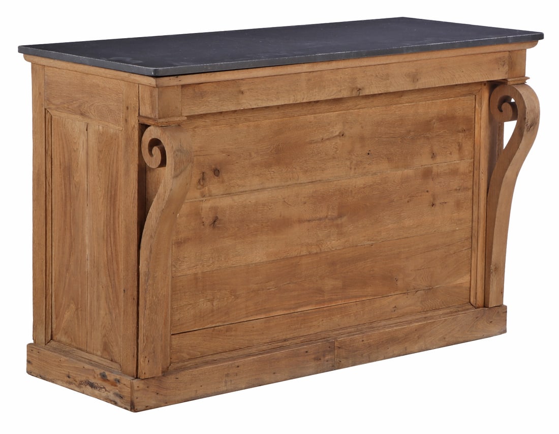 AN ANTIQUE FRENCH CARVED OAK BAR COUNTER IN THE FRENCH EMPIRE STYLE HAVING STONE TOP. (1 of 7)