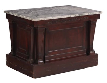 A CARVED MAHOGANY COUNTER WITH GRANITE TOP. GREAT KITCHEN ISLAND!