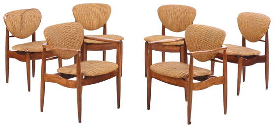 SIX DINING CHAIRS INCLUDING TWO ARM CHAIRS DESIGNED BY FINN JUHL C 1950.