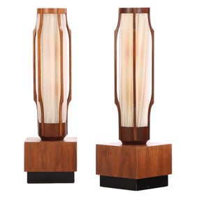 LARGE PAIR WALNUT AND FABRIC LAMPS RESTING ON OPTIONAL BASES C 1960 ATTRIBUTED TO ADRIAN