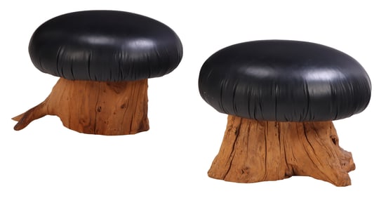 PAIR OF NATURALISTIC WOOD AND LEATHER MUSHROOM FORM STOOLS.
