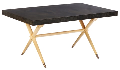 DARK CERUSED MAHOGANY DINING TABLE WITH TWO LEAVES ON A BLOND BASE IN THE MANNER OF