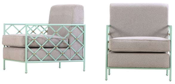 LARGE SCALE PAIR OF PAINTED IRON AND BRASS LOUNGE CHAIRS IN THE MANNER OF JEAN ROYERE.