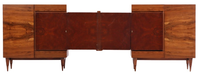 RARE AND UNUSUAL ROSEWOOD AND BURL WALNUT SIDEBOARD WITH MIRRORED BAR COMPARTMENT C 1960.
