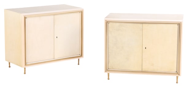 PAIR PARCHMENT COVERED TWO DOOR CABINETS IN THE MANNER OF JEAN-MICHEL FRANK C 1940 HAVING BRASS