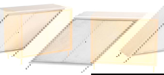PAIR PARCHMENT COVERED TWO DOOR CABINETS IN THE MANNER OF JEAN-MICHEL FRANK C 1940 HAVING BRASS: Pair parchment covered two door cabinets in the manner of Jean-Michel Frank C 1940 having brass legs. The included key is not functional. Ht: 32" Wd: 38" Dpth: 19.75"