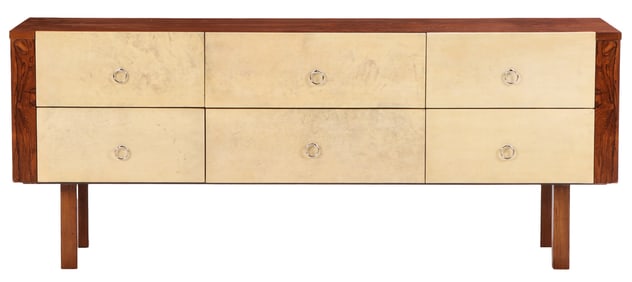 SIX DRAWER PARCHMENT AND ROSEWOOD DRESSER WITH BRASS RING HARDWARE C 1950.