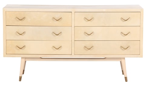 SIX DRAWER PARCHMENT COVERED DRESSER WITH BRASS HARDWARE C 1960.