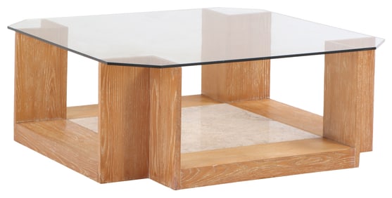 CERUSED OAK COFFEE TABLE HAVING INSET TRAVERTINE BASE AND GLASS TOP C 1970.
