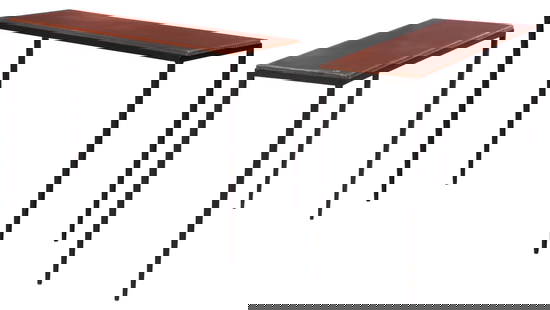 PAIR IRON AND HAND STITCHED LEATHER CONSOLE TABLES IN THE MANNER OF JEAN-MICHEL FRANK.: Pair iron and hand stitched leather console tables in the manner of Jean-Michel Frank. Ht: 31.5" Wd: 47.5" Dpth: 14.75"