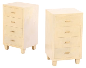 PAIR PARCHMENT COVERED FOUR DRAWER CABINETS C 1960.