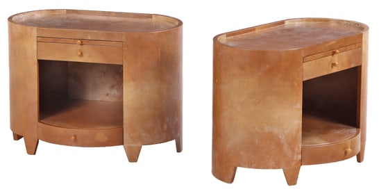 UNUSUAL PAIR OF OVAL PARCHMENT COVERED CABINETS HAVING TWO DRAWERS AND A PULL OUT SLIDE C 1960.