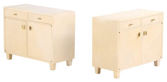 PAIR OF PARCHMENT COVERED CABINETS C 1960 HAVING TWO DRAWERS AND TWO DOORS WITH BRASS HARDWARE.