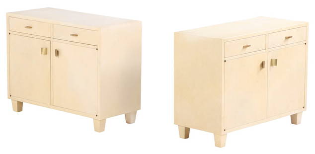 PAIR OF PARCHMENT COVERED CABINETS C 1960 HAVING TWO DRAWERS AND TWO DOORS WITH BRASS HARDWARE.: Pair of parchment covered cabinets C 1960 having two drawers and two doors with brass hardware. Ht: 29.25" Wd: 37" Dpth: 17.75"
