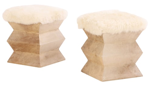 PAIR OF PARCHMENT COVERED STOOLS WITH SHEEP SKIN UPHOLSTERY.