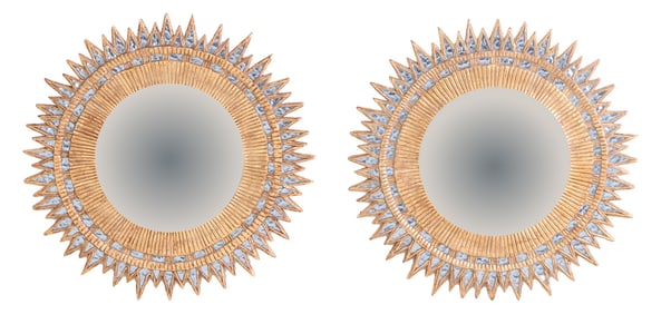 PAIR OF GILT RESIN MIRRORS MADE FROM VINTAGE BLUE TEXTURED GLASS IN THE MANNER OF LINE VAUTRIN.