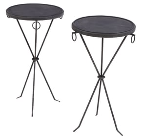 PAINTED IRON PAIR OF DRINKS TABLES IN THE MANNER OF JEAN-MICHEL FRANK.
