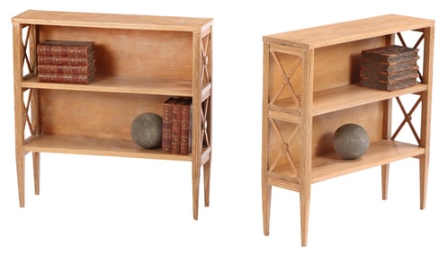 PAIR OF CERUSED OAK X FORM OPEN BOOKCASES C 1950.