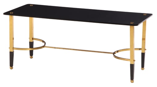 TWO TONE BRASS AND BLACK GLASS FRENCH COFFEE TABLE C 1950.