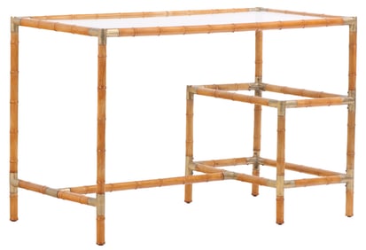 MAPLE FAUX BAMBOO AND BRASS MOUNTED GLASS TOP WRITING DESK IN THE MANNER OF BILLY HAINES C 1970.