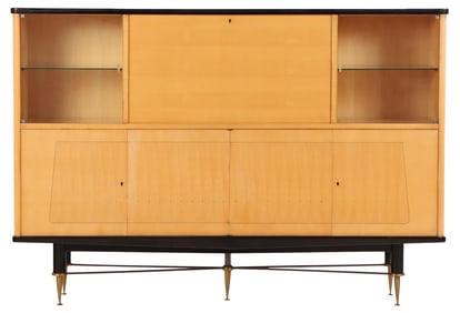 FRENCH SYCAMORE AND EBONIZED BAR CABINET HAVING A MIRRORED FALL FRONT BAR SECTION OVER FOUR DOORS