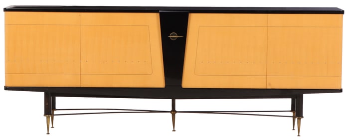 FRENCH SYCAMORE AND EBONIZED SIDEBOARD HAVING FOUR INLAID DOORS RESTING ON A BRASS BASE C 1950.