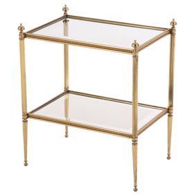 FRENCH BRASS DIRECTOIRE STYLE TWO TIER TABLE HAVING GLASS SURFACES WITH SILVERED BORDERS C