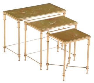 A FRENCH DIRECTOIRE STYLE BRASS AND ONYX NEST OF THREE TABLES IN THE MANNER OF JANSEN C 1960.