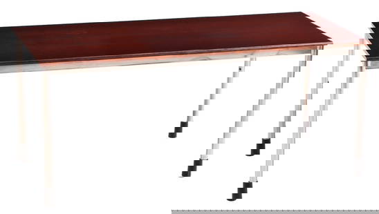 MAHOGANY AND STEEL TABLE C 1960.: Mahogany and steel table C 1960. Ht: 28.75" Wd: 67" Dpth: 31.5"