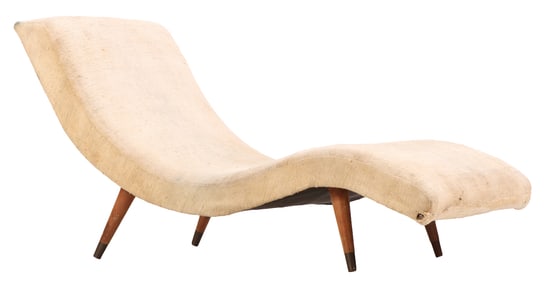 AN UPHOLSTERED CHAISE LOUNGE BY ADRIAN PEARSALL C 1955. FABRIC AS IS.