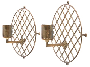 PAIR BRASS SINGLE LIGHT WALL SCONCES WITH WOVEN DESIGN C 1970.