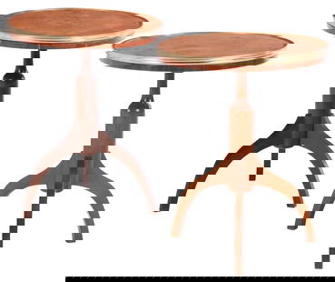 A PAIR OF MAHOGANY SIDE TABLES HAVING BRASS TRIM BURL WOOD TOPS AND RESTING ON TRIPOD LEGS.: A pair of mahogany side tables having brass trim burl wood tops and resting on tripod legs. Ht: 25" Wd: 20" Dpth: 20"