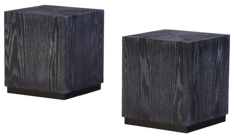 A PAIR OF BLACK CERUSED OAK CUBE FORM END TABLES.