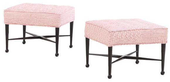 A PAIR OF ELEGANT EBONIZED AND UPHOLSTERED BENCHES WITH X FORM STRETCHER BASES.