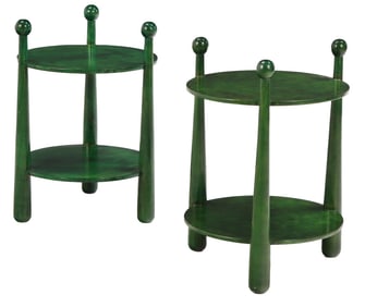 A PAIR OF CIRCULAR END TABLES WITH BASEBALL BAT LEGS WITH A GREEN TINT BURL WOOD.