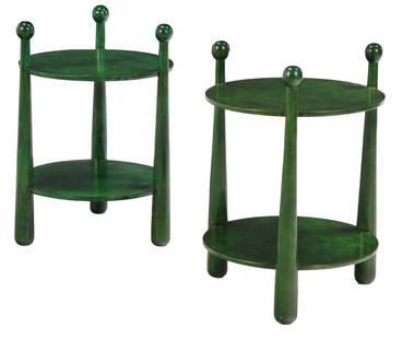 A PAIR OF CIRCULAR END TABLES WITH BASEBALL BAT LEGS WITH A GREEN TINT BURL WOOD.: A pair of circular end tables with baseball bat legs with a green tint burl wood. Ht: 26.25" Wd: 19" Dpth: 19"