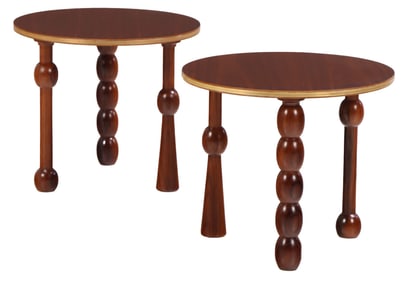 PAIR OF ASYMMETRIC END TABLES HAVING BRASS BOUND ROSEWOOD TOPS IN THE MANNER OF CHARLES DUDOUYT