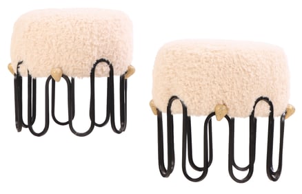 PAINTED IRON STOOLS HAVING FAUX GOAT HAIR UPHOLSTERY AND BRONZE STRAWBERRY DECORATION.