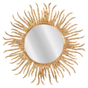 LARGE CAST BRONZE STARBURST MIRROR WITH BEVELED GLASS.