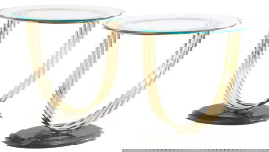 A PAIR OF ELEGANT BRASS AND GLASS END TABLES RESTING ON MARBLE BASES.: A pair of elegant brass and glass end tables resting on marble bases. Ht: 22.75" Wd: 26.75" Dpth: 23"