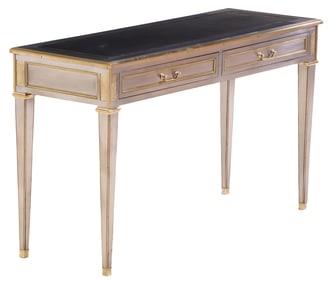 STAINLESS STEEL AND BRONZE LEATHER TOP CONSOLE TABLE WITH TWO DRAWERS IN THE MANNER OF JOHN